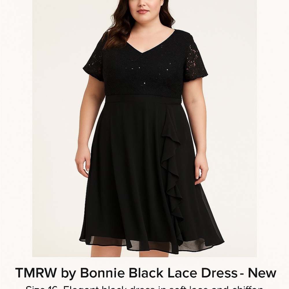 Chic Black Lace Midi Dress Sequin Lace with Satin Waistband NWT
